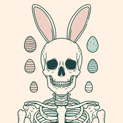 A digital illustration of a rabbit skull wearing bunny ears. The skull is facing the viewer and is surrounded by colorful Easter eggs.