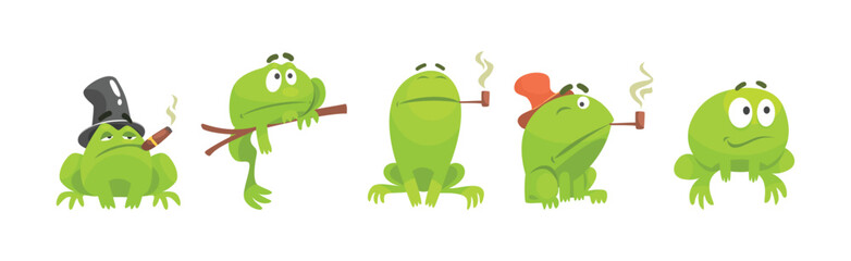 Funny Green Frog Character Engaged in Different Activity Vector Set