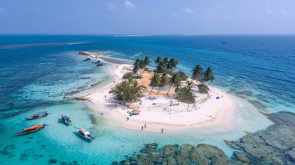 A beautiful island in Lakshadweep with pristine beaches and boats.