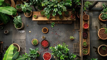 Integrate images of coffee plants with urban elements, exploring the idea of sustainability and urban agriculture