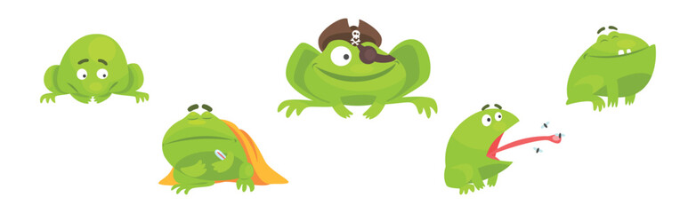 Funny Green Frog Character Engaged in Different Activity Vector Set