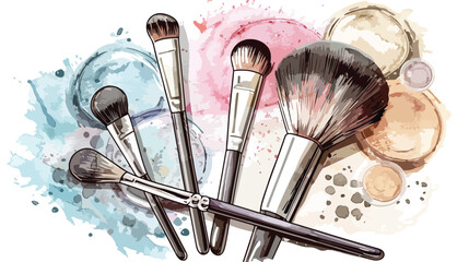 Makeup brushes with powder pearls and eyeshadows on white