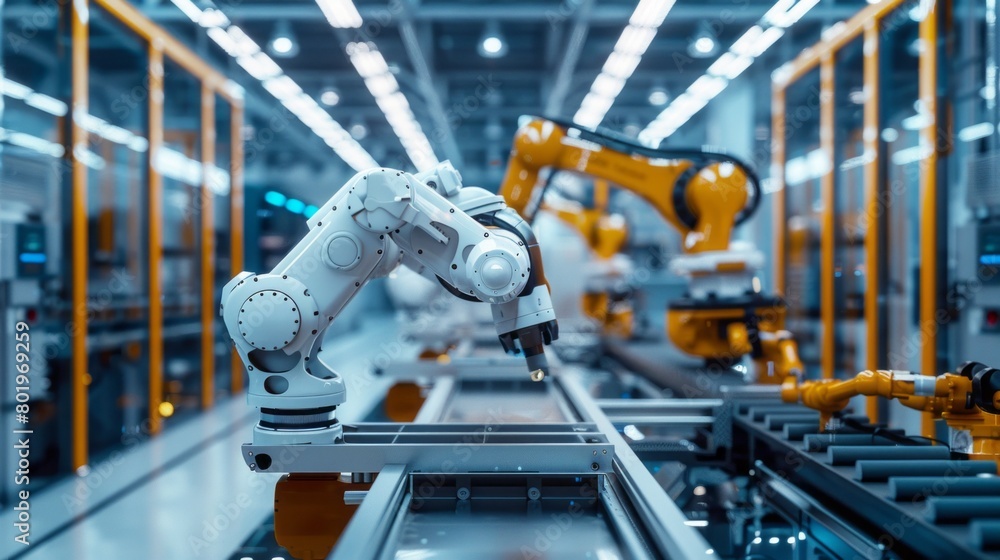 Poster a conveyor belt with a white robotic manipulator on an automated production line for components, spa