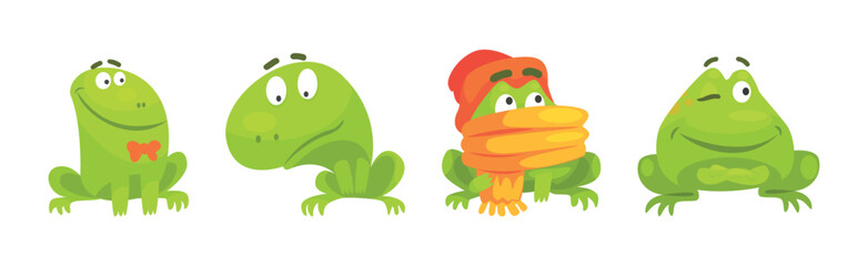Funny Green Frog Character Engaged in Different Activity Vector Set