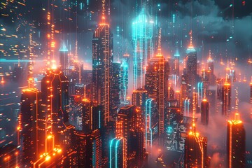A futuristic cyberpunk cityscape, illuminated by vibrant neon lights under a digital rain, showcasing advanced urban technology