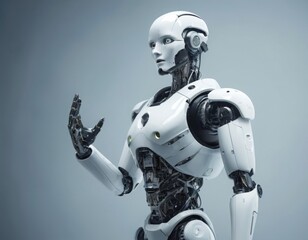 A photorealistic image of a white humanoid robot with a female appearance looking slightly to the right with its left hand outstretched in front of it, as if making a gesture or offering something