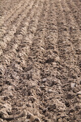 The Deep Cut Furrows of a Freshly Ploughed Farm Field.