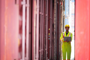 Foreman control loading containers box from cargo freight ship for import export, Foreman control industrial container cargo freight ship, Business logistic concept, Import and export concept