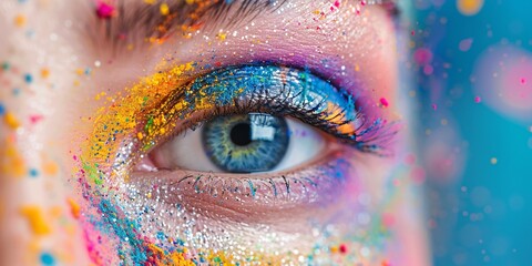 Macro shot of woman's eye adorned with vibrant fashion cosmetics inspired by the Indian Holi festival.