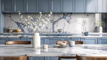 Sleek marble dining table in Scandinavian-style kitchen with contemporary black and white decor and pops of blue, adorned with dishes and floral accents.