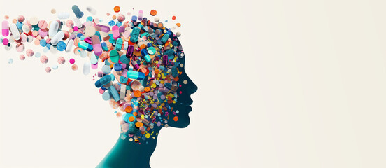 Human face profile silhouette filled with pills, mental and physical health, copyspace