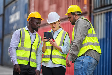 Foreman control loading containers box from cargo freight ship for import export, Foreman control industrial container cargo freight ship, Business logistic concept, Import and export concept