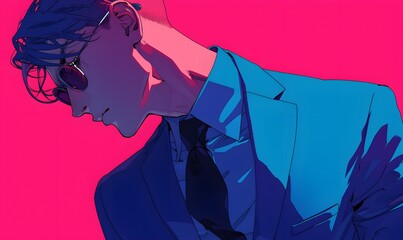 anime style. young man in suit on a simple one color background, Generative AI 
