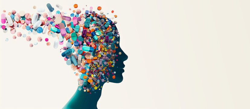 Human face profile silhouette filled with pills, mental and physical health, copyspace