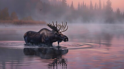 A robust moose wading through a misty lake at dawn, 4k wallpaper