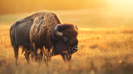 A robust bison with a shaggy coat standing in a golden field at sunset. 4k wallpaper - Powered by Adobe