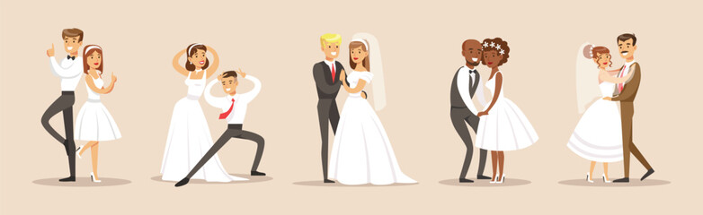 Couple of Bride and Groom Newly Weds Vector Set