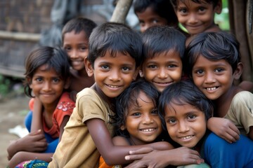 Group of happy indian kids smiling at camera. Selective focus.