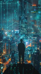 A businessperson standing over a cityscape with a holographic projection of graphs and charts around them