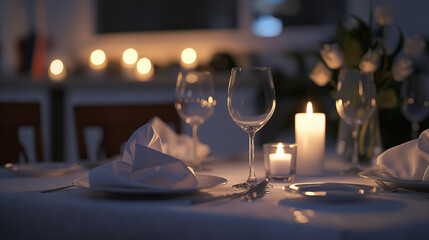 Elegant table setting with white linen tablecloth and napkins - Powered by Adobe