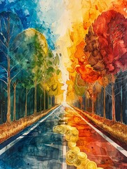 A highway lined with trees whose leaves are various currencies, set against a dynamic watercolor colorful splash backdrop