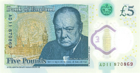 Vector reverse high polygonal pixel mosaic banknote of United Kingdom or England. Denominations of bill 5 pounds. Game money of flyer. Part 2