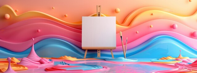 A whimsical illustration of a blank canvas propped against an easel, with a single paintbrush resting nearby in a pool of vibrant paint.