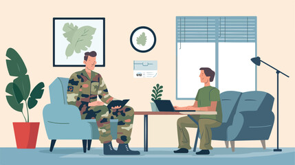 Fototapeta na wymiar Male psychologist working with mature soldier in offi