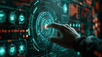 Futuristic Technology: Hand Touching Digital HUD Interface, Virtual Computer Screen Display UI Concept, Cyber Communication Hologram, VR Cyberspace Innovation - Cyber Communication and Innovation Inte