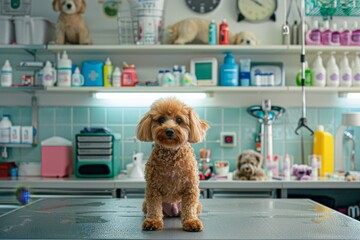 Cute dog sitting on a table. Grooming salon background 
