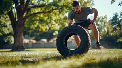 Functional training session outdoors, Man flipping a heavy tire in a park