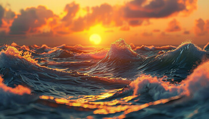 Amazing sunset with foamy sea wave generated by AI - obrazy, fototapety, plakaty