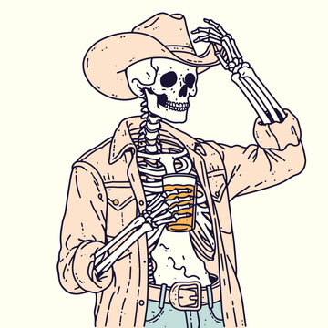 A skeleton wearing a cowboy hat, holding a beer, and tipping it's hat.