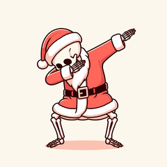 A skeleton wearing a red Santa hat and suit is doing the dab.