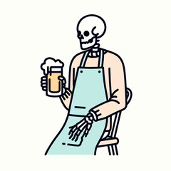 A skeleton wearing an apron is sitting on a chair and holding a beer mug.