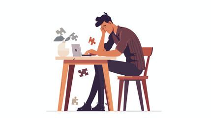 Man with puzzle at table. Concept of dismissal Vector
