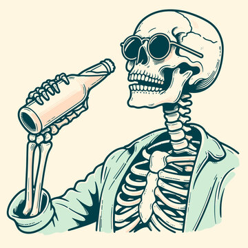 A skeleton wearing sunglasses is drinking a beer.