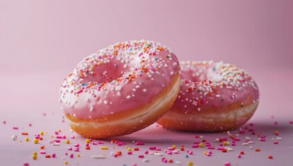 Two pink donuts with sprinkles on pink background