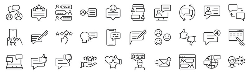 Set of 30 outline icons related to feedback. Linear icon collection. Editable stroke. Vector illustration
