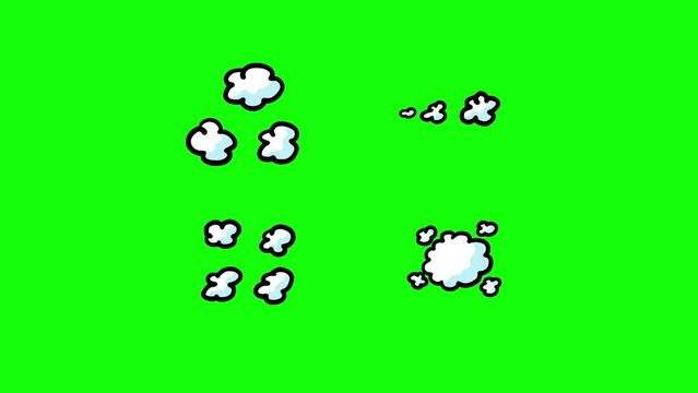Flying four bubble smokes cartoon animation dynamic greenbox. Doodle children animation style. Good for any project. Green screen background.
