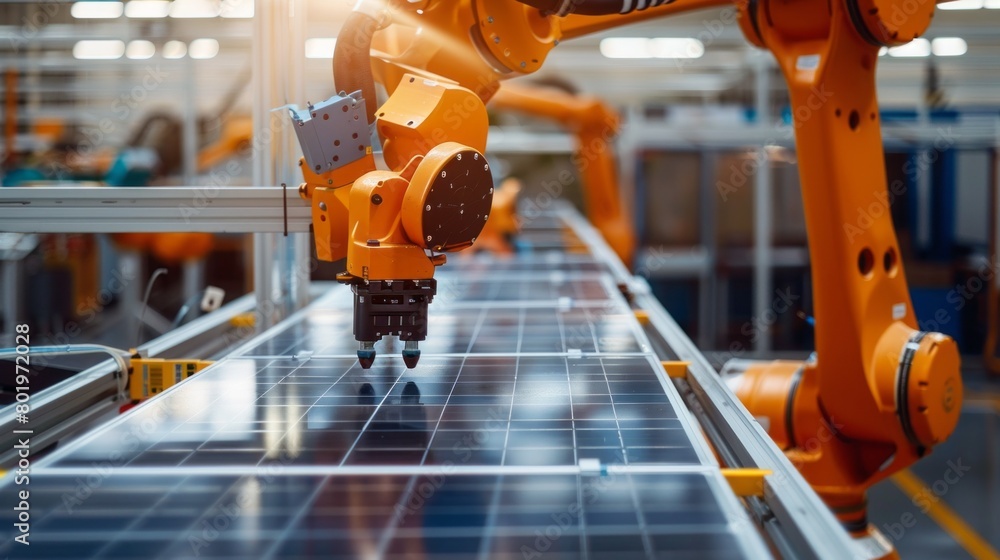 Poster orange industrial robot manipulator on the production line at the factory. automated production of s