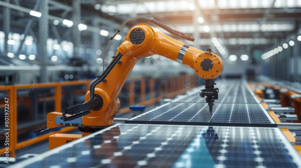 Poster close-up of an orange industrial robot manipulator on a production line in a factory. automated prod