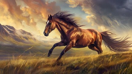 A spirited wild horse galloping across a grassy meadow, its mane and tail flowing in the wind. 4k wallpaper