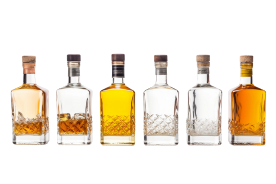 Symphony of Spirits: A Mesmerizing Array of Liquor Bottles. On a White or Clear Surface PNG Transparent Background.