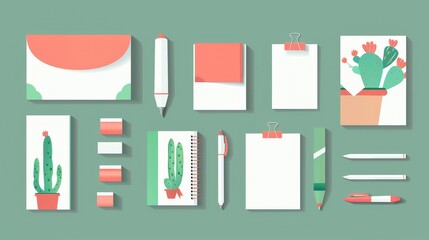 a set of office supplies including an envelope, letterhead, notepads, sticky notes, a pen, a pencil, a ruler, and a cactus plant.