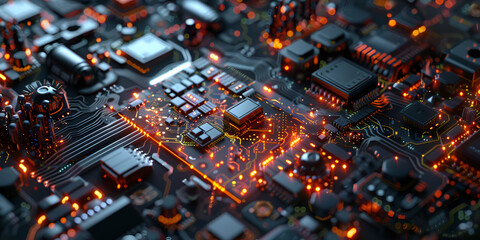 Obraz premium Computer motherboard, close-up, technology, electronics, circuitry, microelectronics, hardware, computer components, electronic devices, computer engineering, computer parts, motherboard design, compu