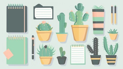 The image is of a desk with a variety of office supplies including notebooks, a pen, a pencil, a coffee cup, and several cacti and other small plants.