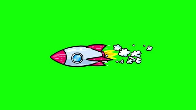 Rocket flying big alone green screen. Cartoon animation seamless dynamic loop. Dynamic doodle children animation style.