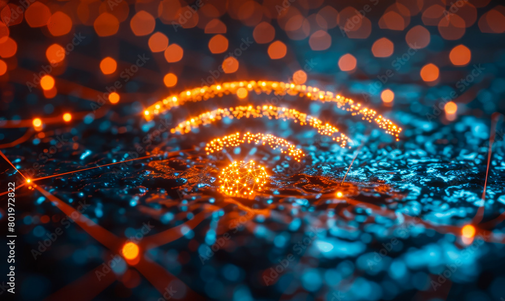 Poster wifi connectivity concept - futuristic data network background with glowing wireless signals and dig