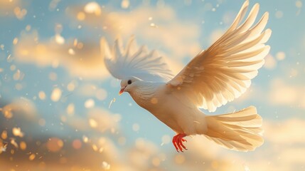 Fototapeta premium White bird dove soaring in blue cloudy sky
